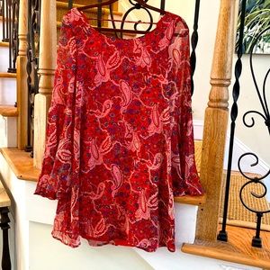 Boho chiffon red paisley dress, fully lined.